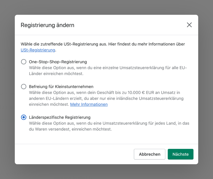 Shopify eu mwst landespezifische registrierung