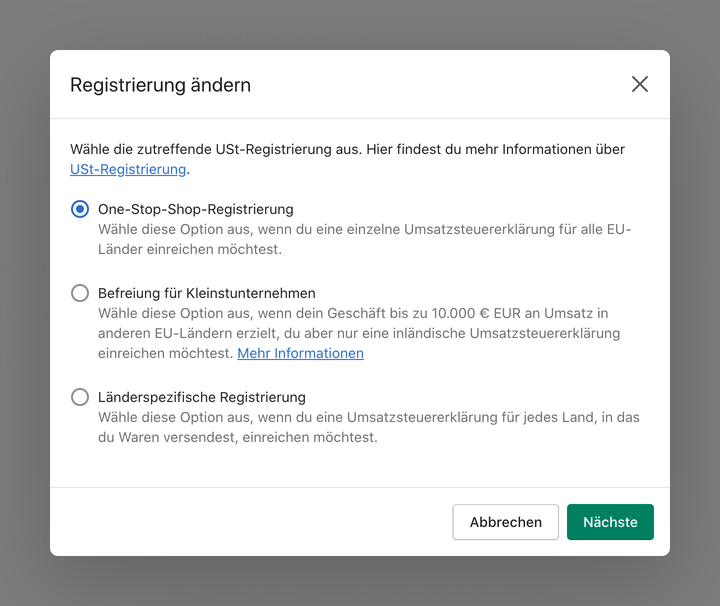 Shopify One-Stop-Shop-Registrierung