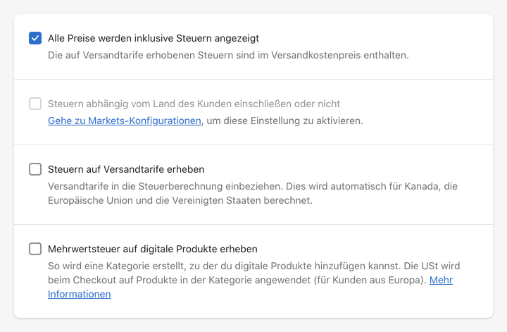 Shopify produkt preise einschliesslich steuer